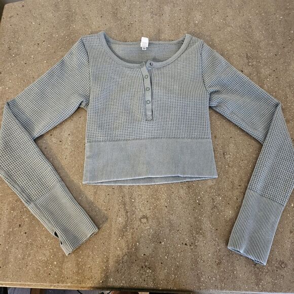 OFFLINE by AERIE Shirt Womens Xs Green Cropped Waffle Henley Snap Long Sleeve - Picture 9 of 9